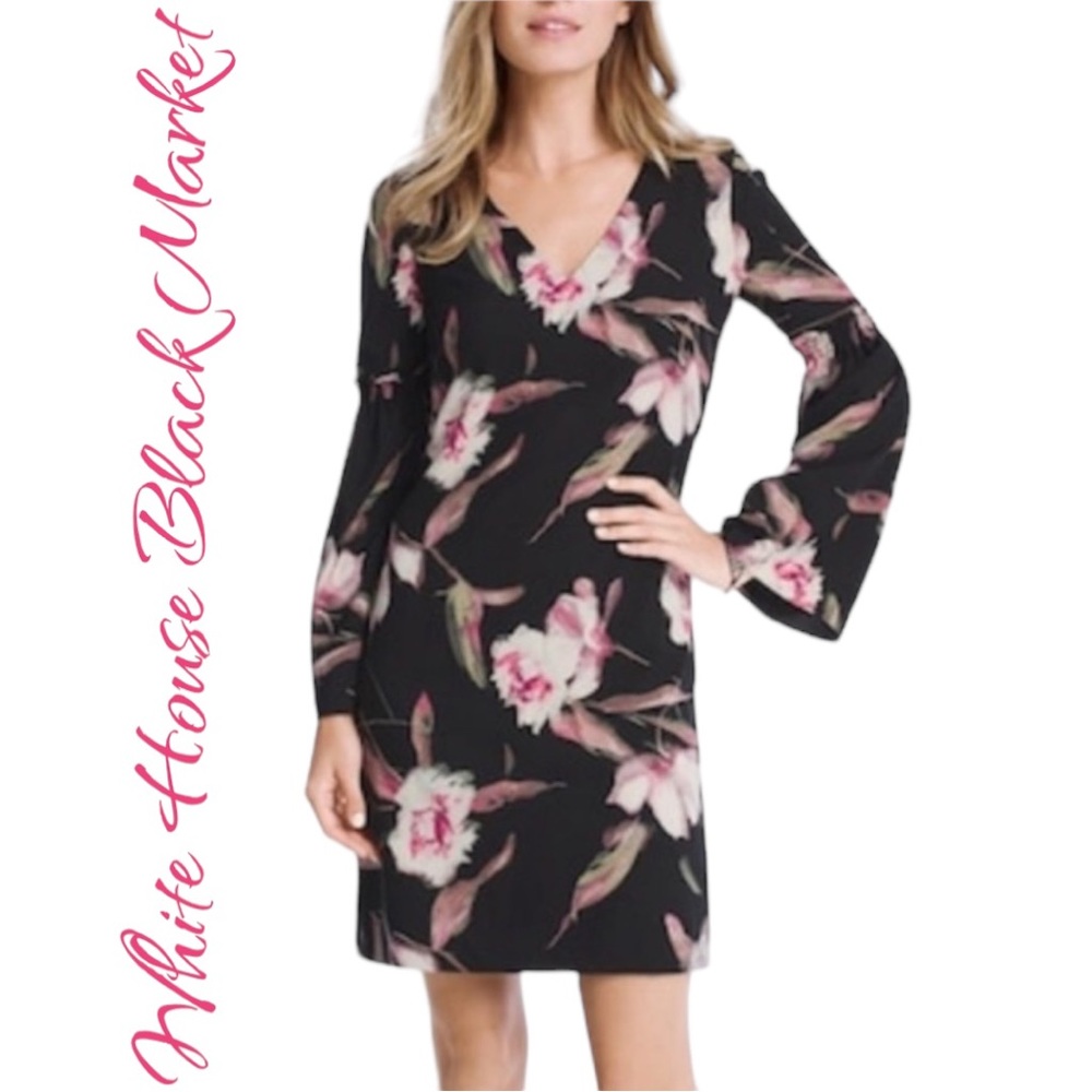 White House Black Market Floral Bell Sleeves Dress Sz 14 WHBM